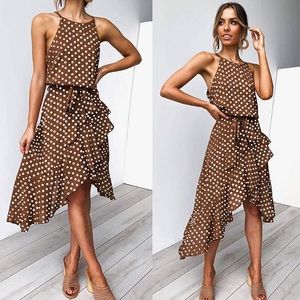 Brown Polka Dot Midi Dress - Classic Halter Ruffle
